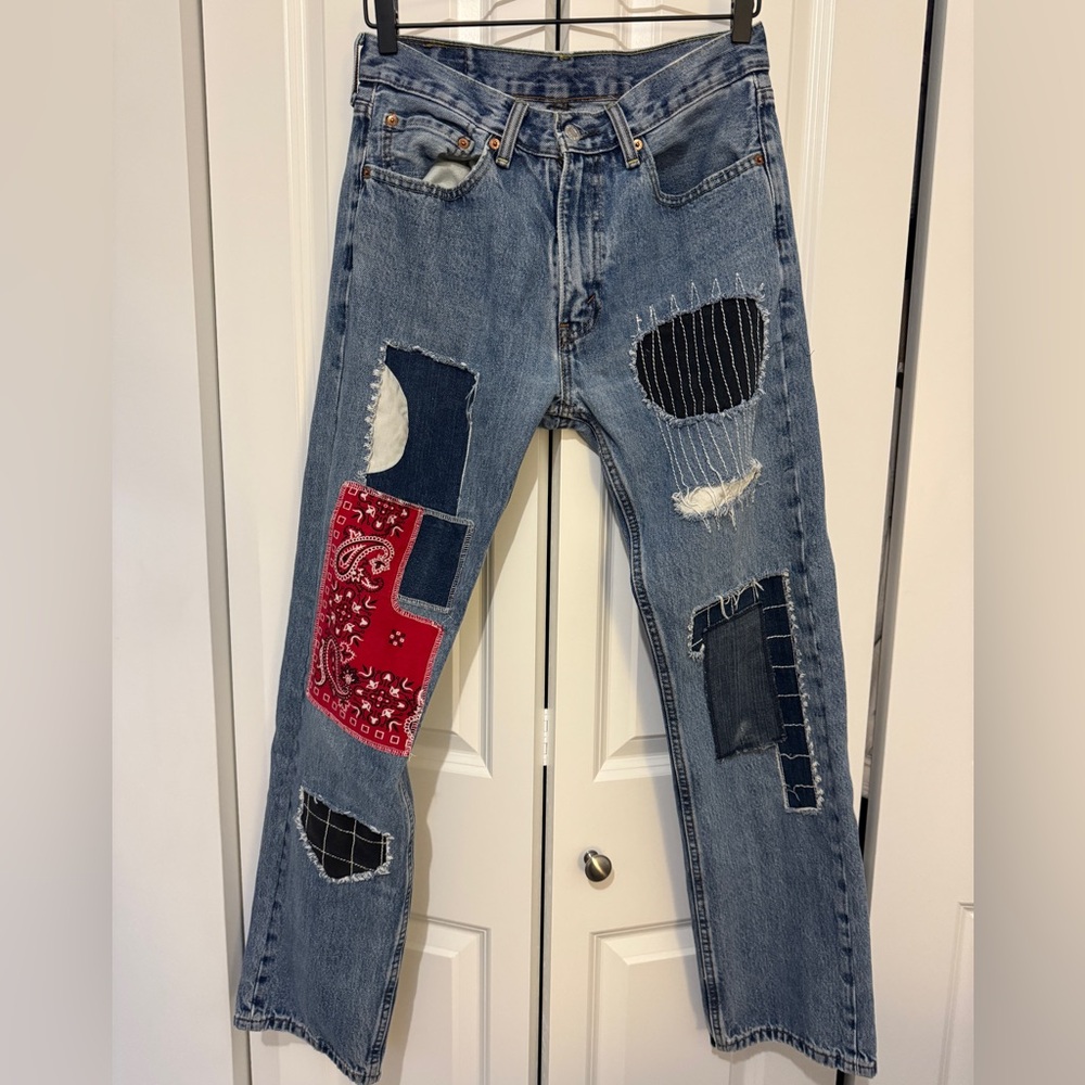 Vintage 505 Levis Bandana and Blue Patchwork Jeans 32